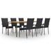 Dcenta 7 Piece Patio Dining Set Acacia Wood Tabletop Table and 6 Chairs Black Poly Rattan Steel Frame Outdoor Dining Set for Garden Lawn Courtyard