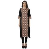 Moomaya V Neck Straight Tunic For Women Roll Up Sleeve Printed Cotton Kurta