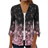 KIJBLAE Womens Tunic Cardigan Lightweight Drape Front Cardigan Fall Fashion Floral Print Cardigans 2023 Cardigans Button Blouse Tops Coat Workout 3/4 Sleeve Jacket Pink XL
