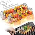 BBQ Net Tube Rolling BBQ Grilling Basket Round Stainless Steel Barbecue Cooking Grill Grate Portable Outdoor Camping Barbecue Rack for Vegetables French Fries Fish (2Pcs Small 7.87 inch)