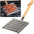 DDgui Stainless Steel Sausage Roller Rack with Extra Long Wood Handle BBQ Tools Hot Dog Griller for Evenly Cooked Hot Dogs 5 Hot Dog Capacity