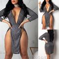 Womens Deep V Neck Side Slit Sequins Sexy Bodycon Clubwear Party Mini Dress