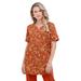 Plus Size Women's Print Notch-Neck Soft Knit Tunic by Roaman's in Copper Graphic Vine (Size 4X) Short Sleeve T-Shirt