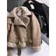 Ailegogo Winter Frauen Dicke Warme Wildleder Lamm Jacke Kurze Motorrad Braun Mäntel Faux Lammfell