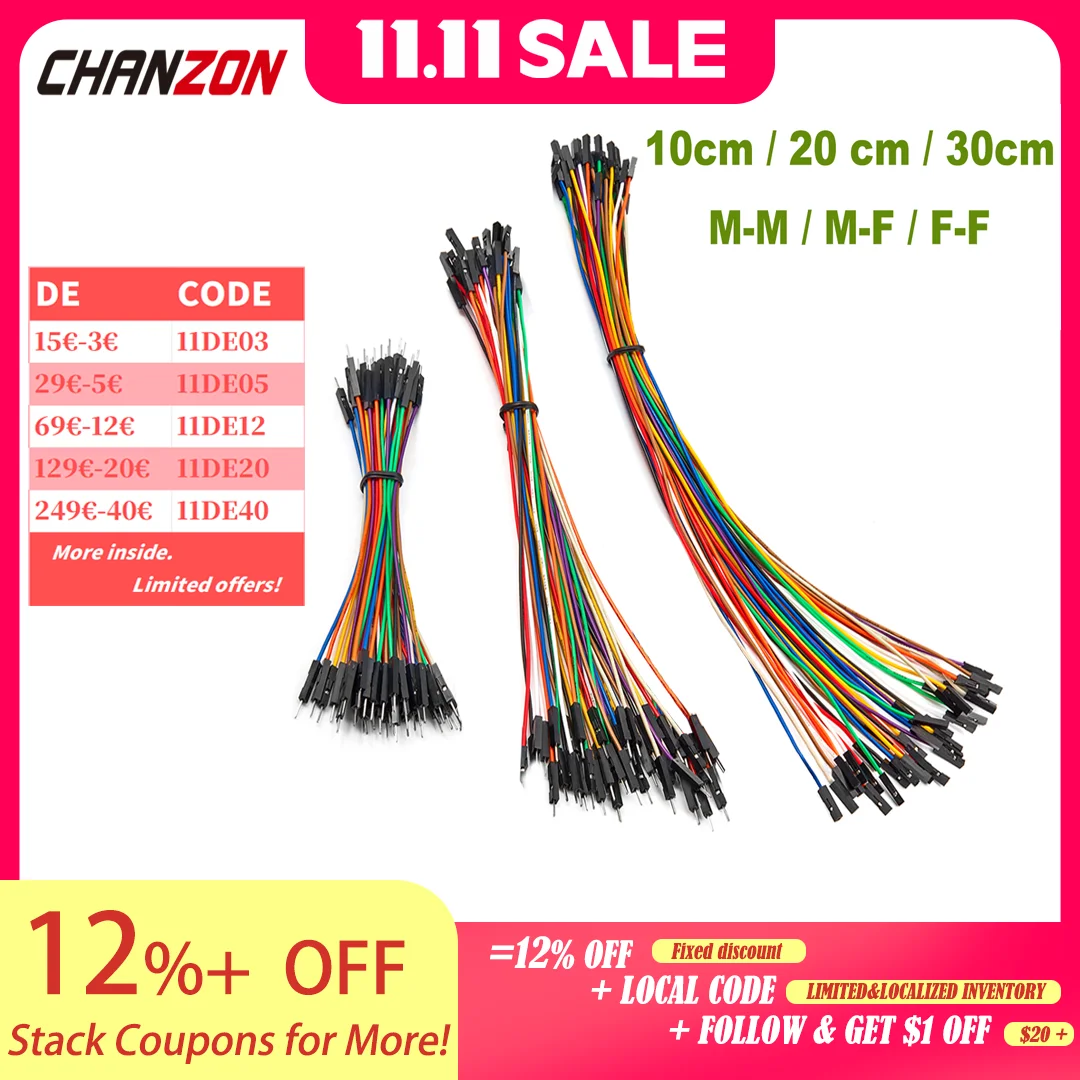 Kupfer-Überbrückungsdraht, Dupont-Kabel, 10 cm, 20 cm, 30 cm, männlich, weiblich, 24 AWG, lötfreier flexibler Leitungsanschluss für DIY Arduino Breadboard Image