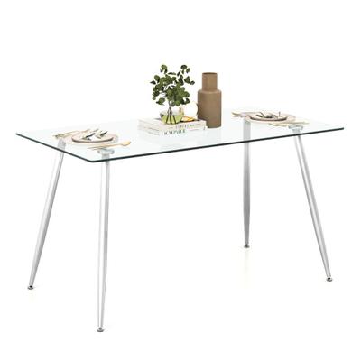 Costway Modern Glass Rectangular Dining Table with Metal Legs-Silver