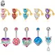 14G Heart Reversed Bar Belly Button Rings Colorful Crystal Zircon Dangled Cat Navel Ring Surgical
