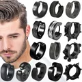 1 Pair Punk Titanium Steel Ear Clip/Ear Stud Earrings For Men Women Black Pierced/No Pierced Fake