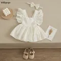 VISgogo Newborn Baby Girl Romper Dress Solid Color Ruffles Sleeve Flower Romper Headband 2Pcs