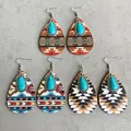Aztec Pattern Wood Turquoise Teardrop Earrings for Women 2022 New Western Inspired Earrings Boho