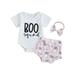 Baby Girl Halloween Outfit Cute Letter Print Short Sleeve Romper Onesie +Ghost Print Shorts +Headband Clothes Set