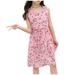 ZCFZJW Girls Summer Princess Dress Cute Floral Pattern Printed Sleeveless Beach Sundress Loose Pleated Casual Crewneck Midi Dresses Pink 150