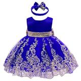 IBTOM CASTLE Lace Flower Girl Sequins Bow V-Back Tutu Dress for Kids Baby Christening Communion Birthday Party Wedding Dresses+Headwear 0-3 Months Royal Blue 01