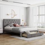 Elegant Design Velvet Upholstered Storage Platform Bed with Big Drawer and Upholstered Headboard, Queen Size