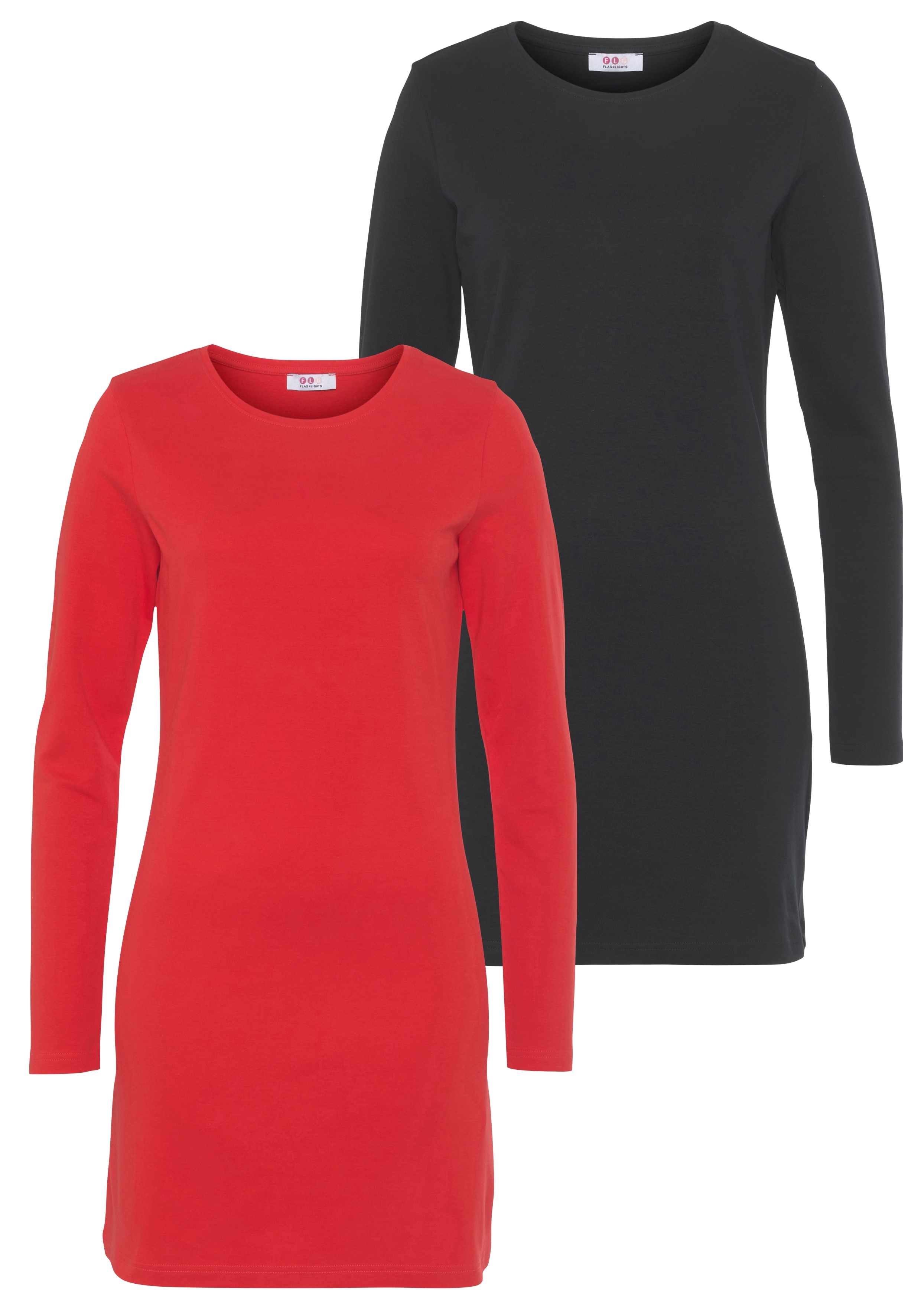 Jerseykleid FLASHLIGHTS, Damen, Gr. 48, N-Gr, schwarz (schwarz, rot), Interlock, Obermaterial: 100% Baumwolle, clean, unifarben, Basic, figurbetont Po-bedeckend, Kleider Jerseykleid, figurbetonter Schnitt, aus Interlock-Stoff, langärmlig