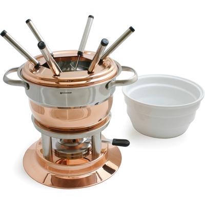 Fondue SWISSMAR "Lausanne", braun (kupferfarben), B:24cm H:20cm T:24cm, Fondues, 11-teilig, inkl. 6 nummerierten Fonduegabeln und Keramikeinsatz