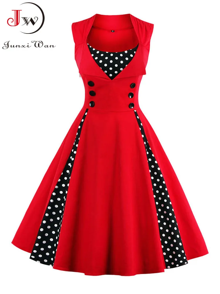 S-5XL Damen Robe Retro Vintage Kleid 50er 60er Jahre Rockabilly Gepunktetes Swing Pin-Up Sommer Partykleider Elegante Tunika Vestidos Casual