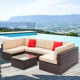 7-Piece Patio PE Rattan Wicker Sofa Set with 6 Sofa 1 PC Glass Coffee Table and 2 Red Pillows Outdoor Sectional Furniture Conversation Chair Set for Poolside Backyard Porch Lawn Pool Q2345