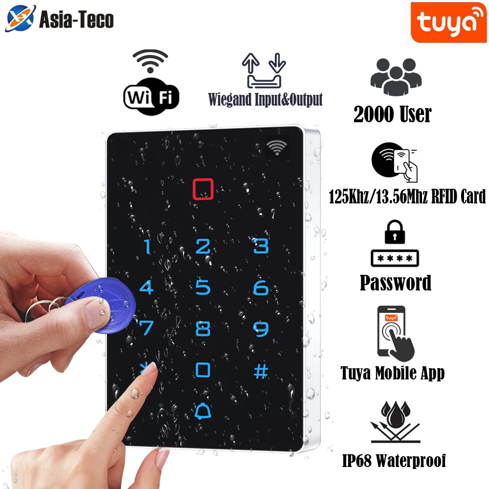 Wasserdichte WiFi Tuya App Hintergrundbeleuchtung Touch 125 kHz RFID Karte Zugangskontrolle Tastatur WG26 Ausgang Alarm Management Karte Unterstützung Image