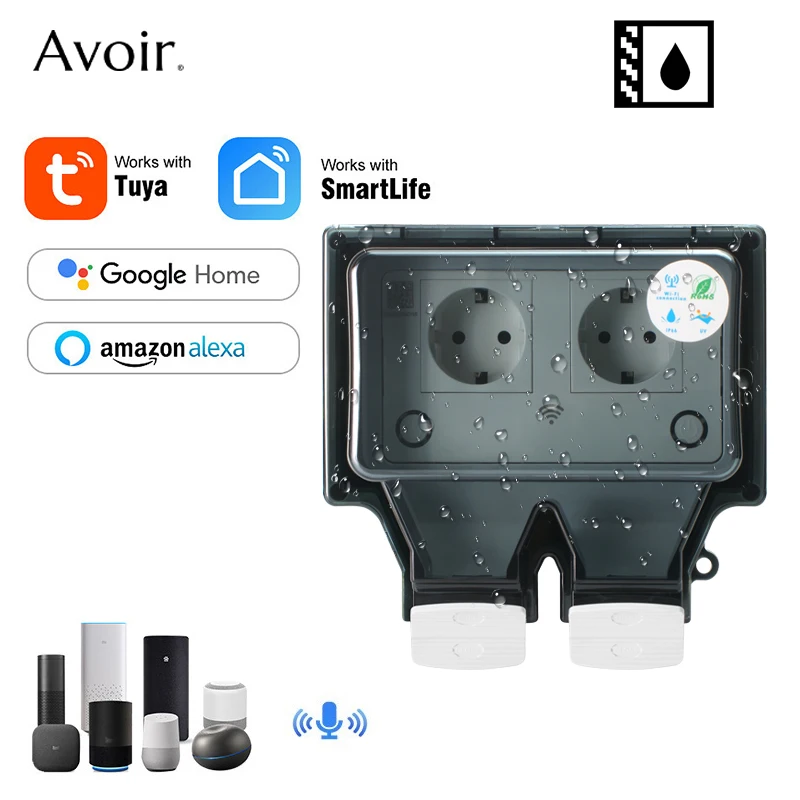 Avoir Tuya Wand Steckdosen Ip66 Wasserdichte Steckdose Mit Abdeckung Wifi Smart Plug Eu Standard Outdoor Regen Buchse Image