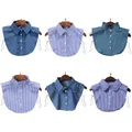 Minimalist Stripes Denim Women Detachable Lapel Fake Collar Cute Ruffles Lace Splicing Button Down