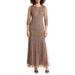 Sequin Beaded Illusion Mesh Three-quarter Sleeve Gown - Brown - Pisarro Nights Dresses