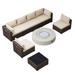 8 Pieces Outdoor Wicker Conversation Set with Propane Concrete Fire Pit Table, Patio Set With Beige / Navy Blue Cushions