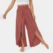 RYRJJ Chiffon Wide Leg Dress Pants for Women Flowy Palazzo Pants Casual Split High Waisted Summer Beach Cropped Trousers with Pocket(Red L)