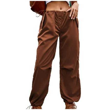 RYRJJ Baggy Parachute Pants for Women Drawstring Elastic Low Waist Ruched Cargo Pants Multiple Pockets Jogger Y2K Streetwear Pants(Brown S)