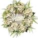 Hydrangea Wreaths Front Door Outside Pure White - 18 Inch Wreath with Farmhouse Hello Sign and Handmade Grapevine Wreath for Rustic Home Wall Wedding Festival Party Wedding Decoration