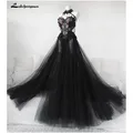 Robe De mariée longue noire gothique Sexy en Tulle grande taille