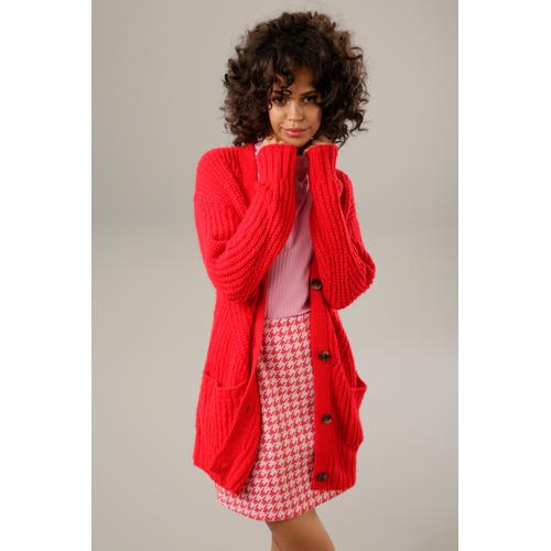 Strickjacke ANISTON CASUAL Gr. 46, rot Damen Strickjacken mit kunstvollem Strickmuster