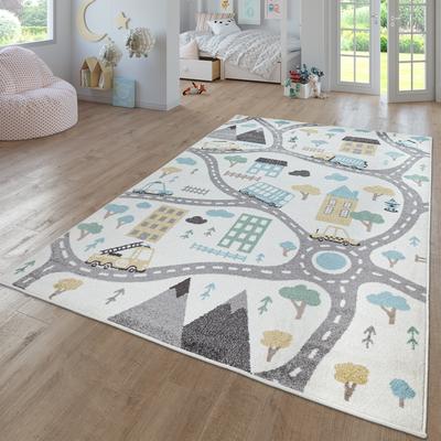 Nursery Rug with Streets Cars and Trees Motif in Pastel Colors