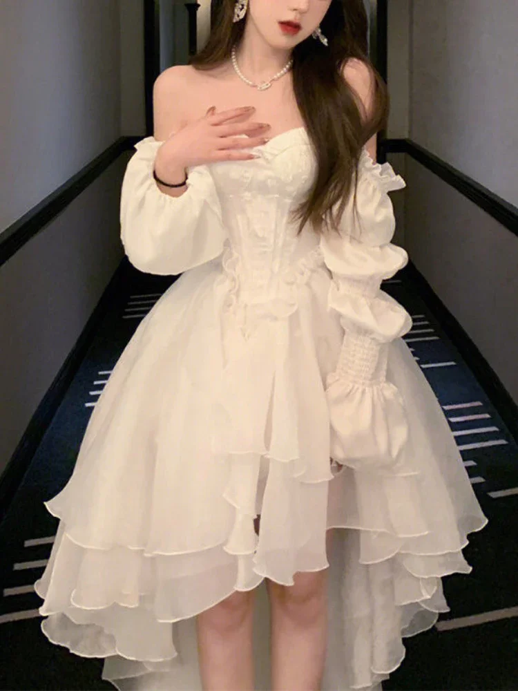 Elegante Rüschen Chic Fee Kleid Frauen Weiß Süße Koreanische Stil Prinzessin Kleid Weibliche 2023 Sommer Slash Neck Casual Party Kleid