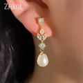 ZAKOL Mode Marquise Cut Cubic Zirkon Baumeln Ohrringe für Frauen Imitation Perle Blatt Hochzeit