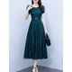 Grüne Frauen neue Chiffon Vintage lässig Blumen kleid Kurzarm schwarz elegante Strand Robe schicke