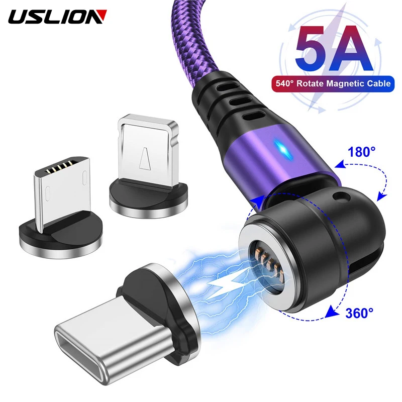 USLION 540 Drehen 5A Magnetkabel Schnellladung Micro USB Typ C Kabel Für iPhone Xiaomi Magnet Ladegerät Draht Kabel USB Kabel Image