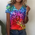 Frauen T-shirts Mode Tops V-ausschnitt Bunte Schmetterling T Hemd Weiblichen Kurzen Blumen Druck