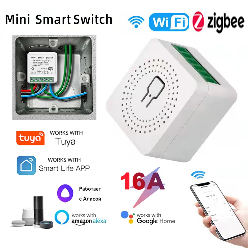 16A Tuya Zigbee 3.0 WIFI Mini Smart Lichtschalter DIY 2-Wege-Fernbedienungsschalter Funktioniert mit Alexa Alice Google Home Smart Life Image