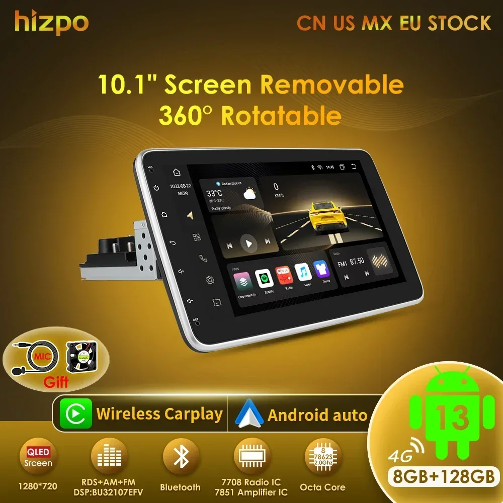 Hizpo Android 13 Autoradio Video Multimidia Radiospeler 10,1 Zoll Universal Autoradio GPS Wifi drehbarer Touchscreen 8G 128G Image