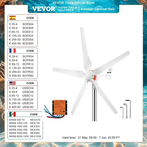 VEVOR Windkraftanlage max.500W Windgenerator 12V Windturbine 5-Nylonfaser-Klingen Windkraftanlage