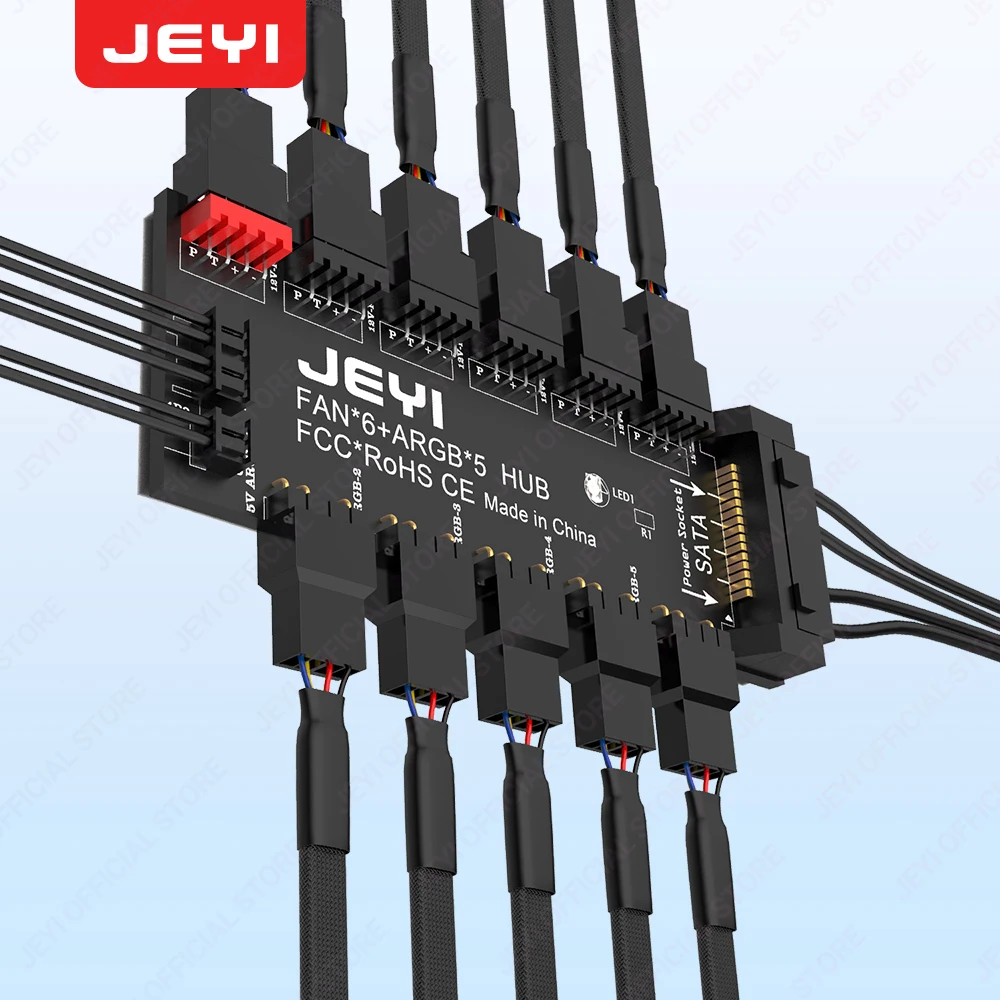 JEYI ARGB PWM 5 Weg Fan Hub, address 12V 4Pin PWM & 5V 3Pin ARGB 2-in-1 Hub, RGB Fan, RGB Streifen Splitter Image