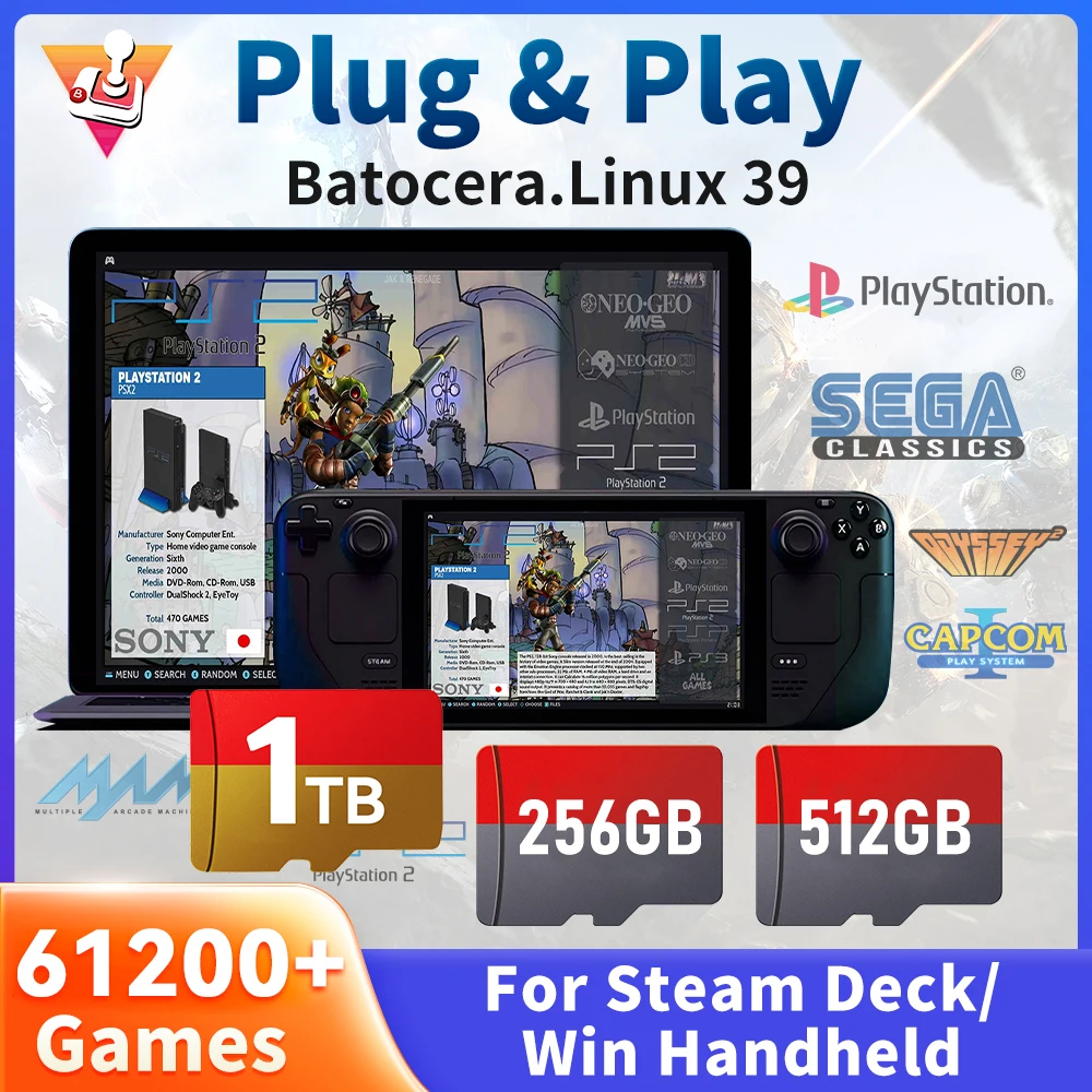 1 TB Spiel-TF-Karte für Steam Deck/Wins Handheld Neueste Batocera 39 OS Retro-Spielekonsole mit 61200 Spielen für PS3/PS2/PS1/PSP/MAME