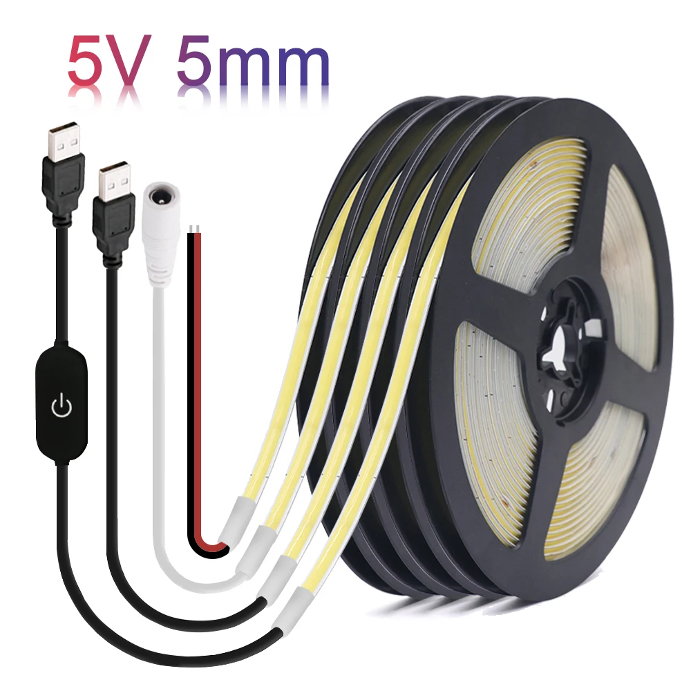 5 mm 5 V COB-LED-Streifen, USB, hohe Dichte, lineare Beleuchtung, 320 LEDs/m, dimmbar, flexibles LED-Band, warm, natürliches Weiß, 9 Farben