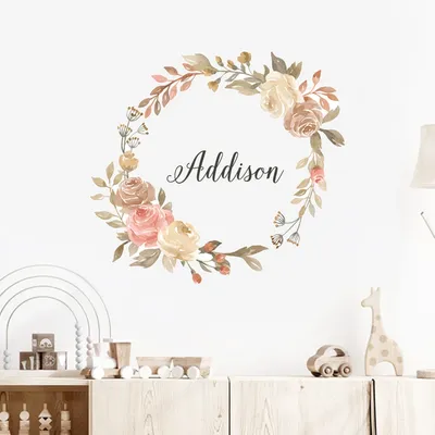 Benutzerdefinierte Name Blumenkranz Rosen Laub Aquarell Wandaufkleber Vinyl Kinderzimmer abnehmbare Image