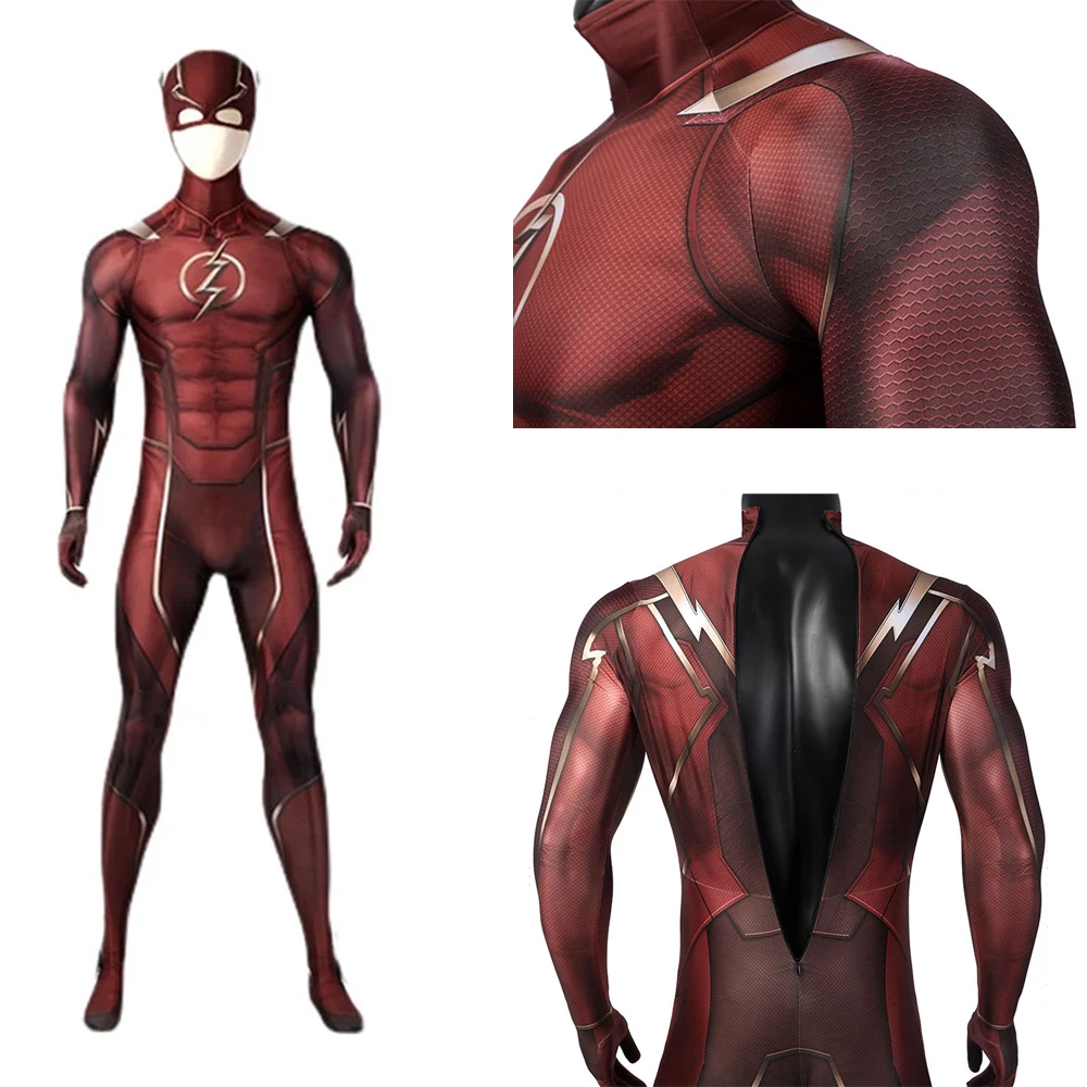 Zentaisuit Roter Overall, roter Flash Barry Allen Cosplay-Kostüm, anpassbar, für Erwachsene, Herren, Flash-Cosplay-Body mit Kopfbedeckung Image