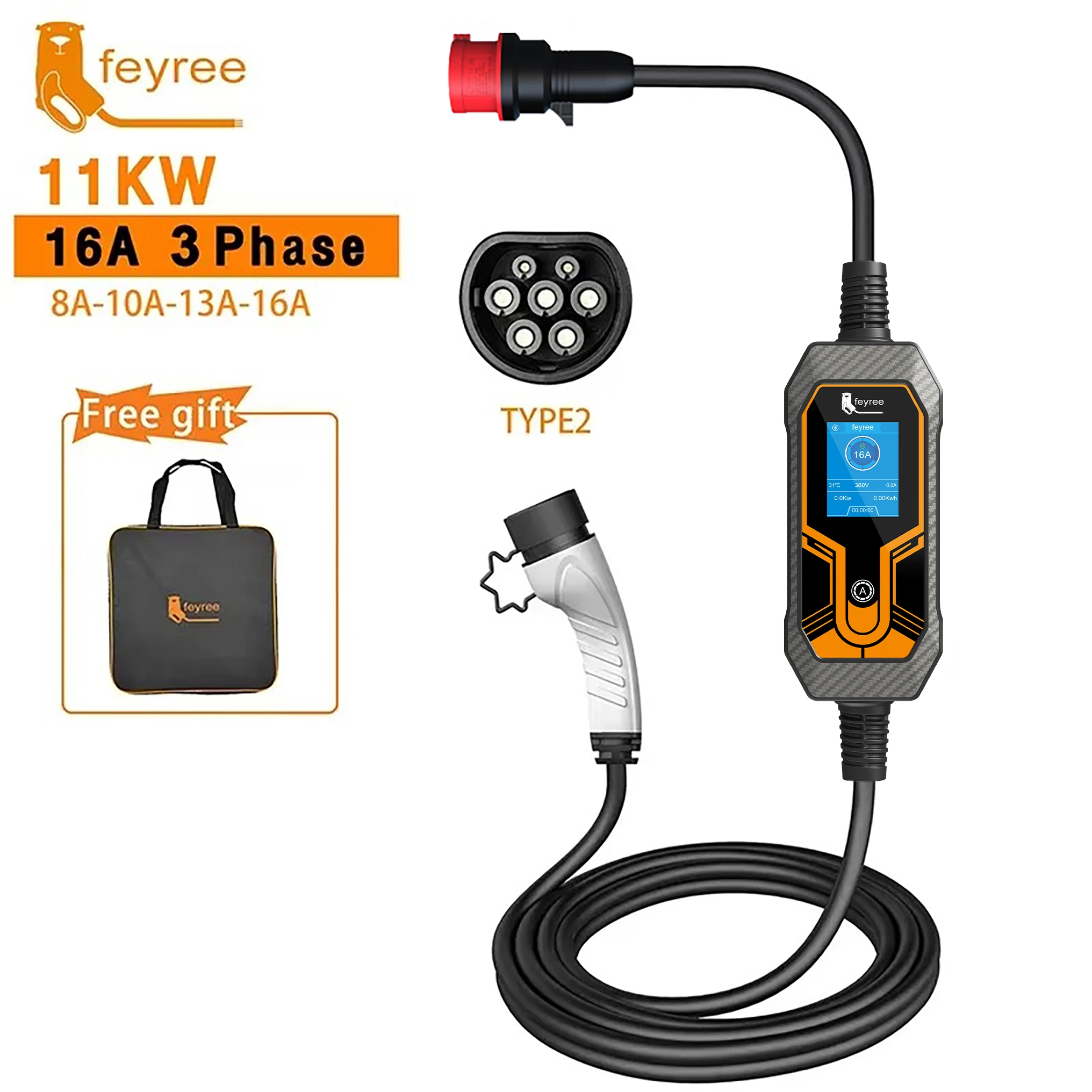Feyree 11KW 16A EV Tragbares Ladegerät Typ2 EVSE Ladebox Elektroauto-Ladegerät CEE-Stecker IEC62196-2 Elektrofahrzeug-Ladegerät Image