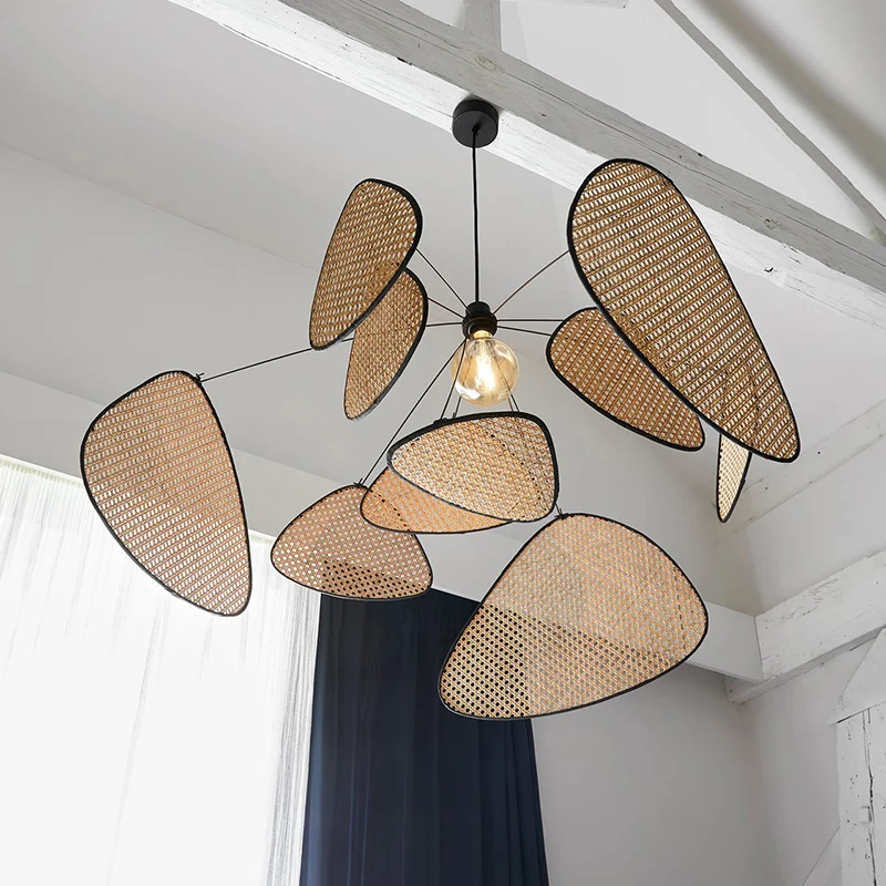 Rattan kronleuchter Wicker Suspension lampe Bildschirm Cannage Küche Holz Bambus kronleuchter e27 Kreative Blatt Grid Hand designer lampe