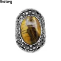 Oval Natürliche Tiger Eye Stein Ringe Für Frauen Vintage Blume Design Antike Silber Überzogene Mode