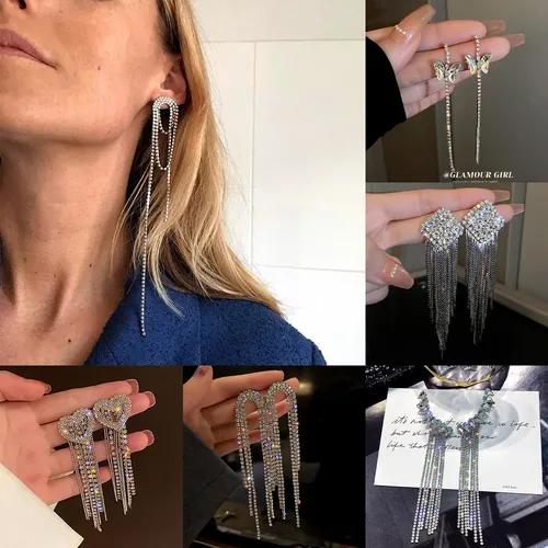 Neue lange Kristall Quaste Tropfen Ohrringe für Frauen Strass glänzend hängende baumeln Ohrringe